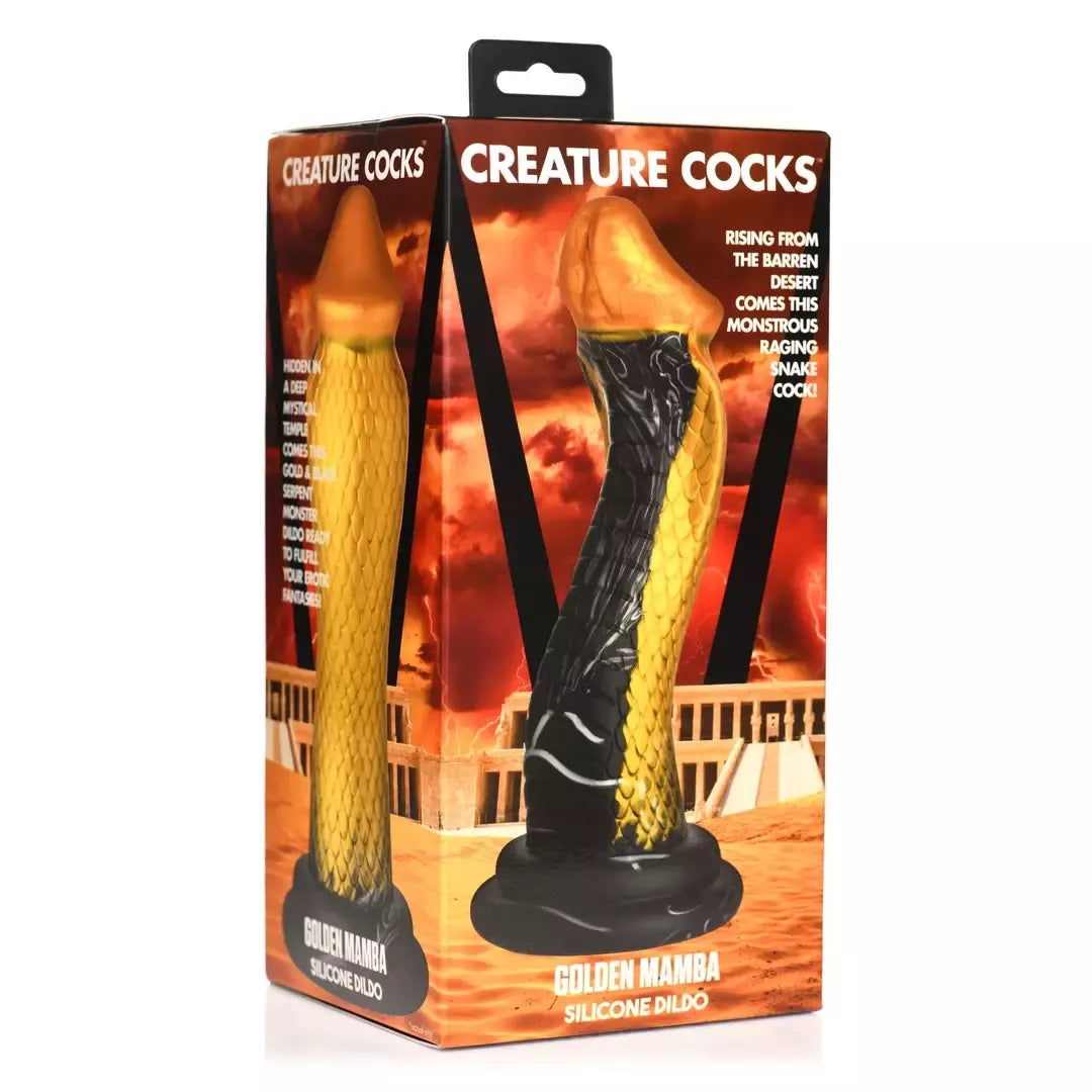 XR Brands Golden Snake silikoninis intymus žaislas, auksinės ir juodos spalvos, didelis