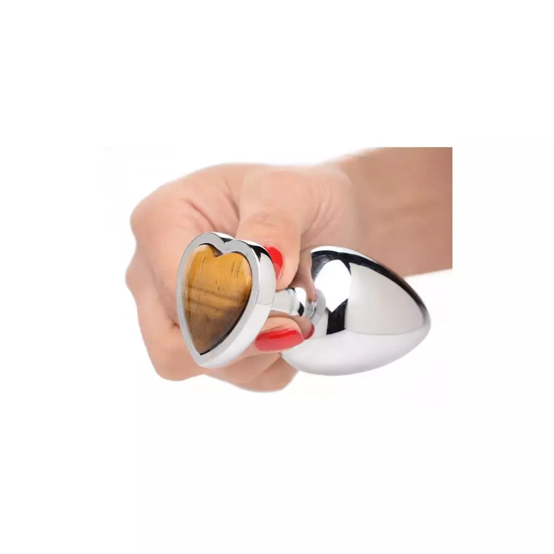 XR Brands Heart Plug Large – aliuminis ir Tigro akies brangakmenis, 3 coliai