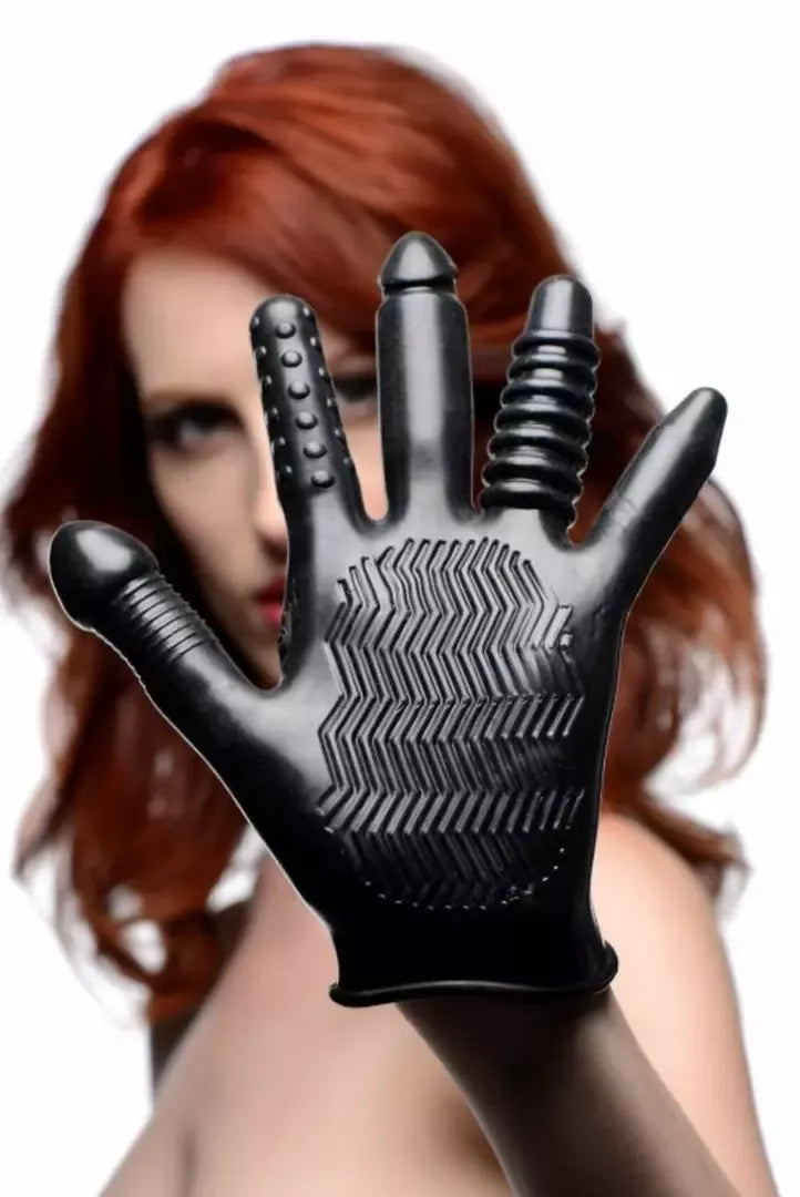 XR Brands Pleasure Poker įvairių tekstūrų intymi pirštinė, juoda, universalus dydis