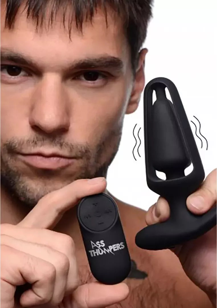 XR Brands Power Plug 7X Hollow juodas nuotoliniu būdu valdomas silikoninis kamštis