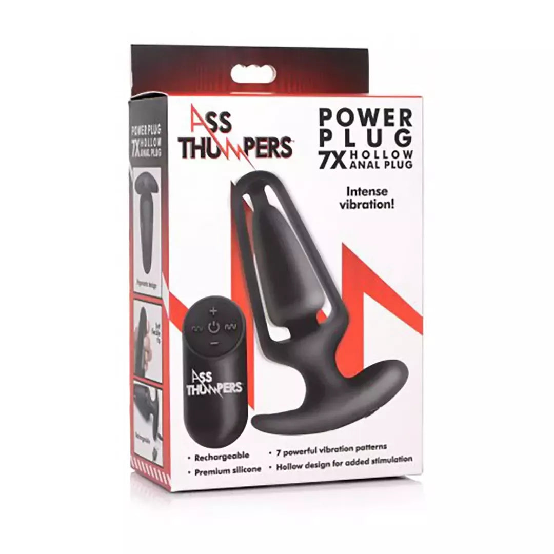 XR Brands Power Plug 7X Hollow juodas nuotoliniu būdu valdomas silikoninis kamštis