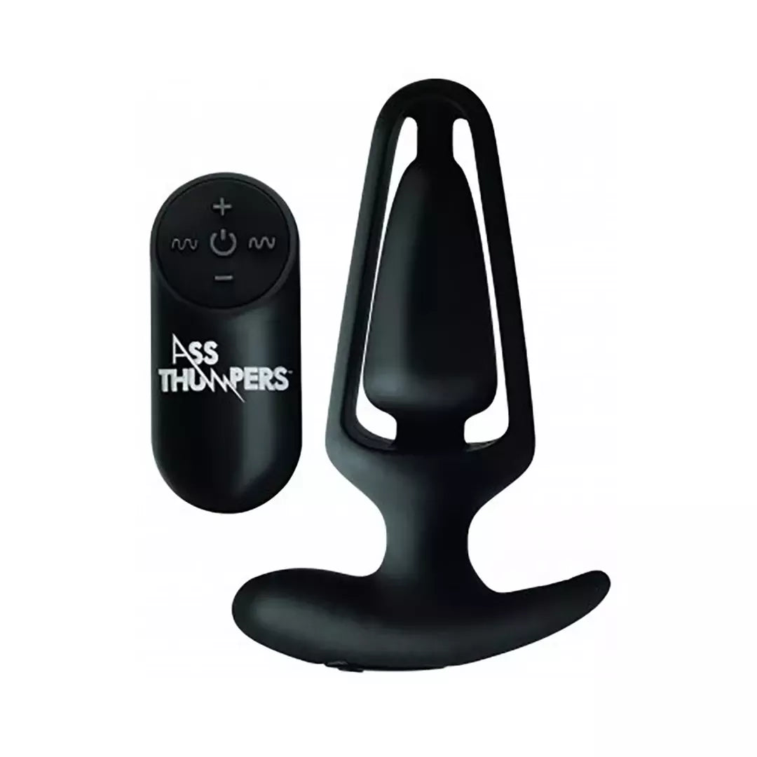 XR Brands Power Plug 7X Hollow juodas nuotoliniu būdu valdomas silikoninis kamštis