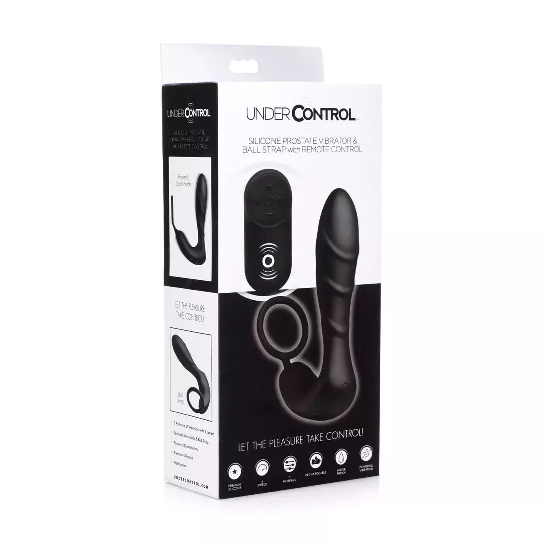 XR Brands „Prostatic Model“ silikoninis žiedas su nuotolinio valdymo pulteliu, juodas