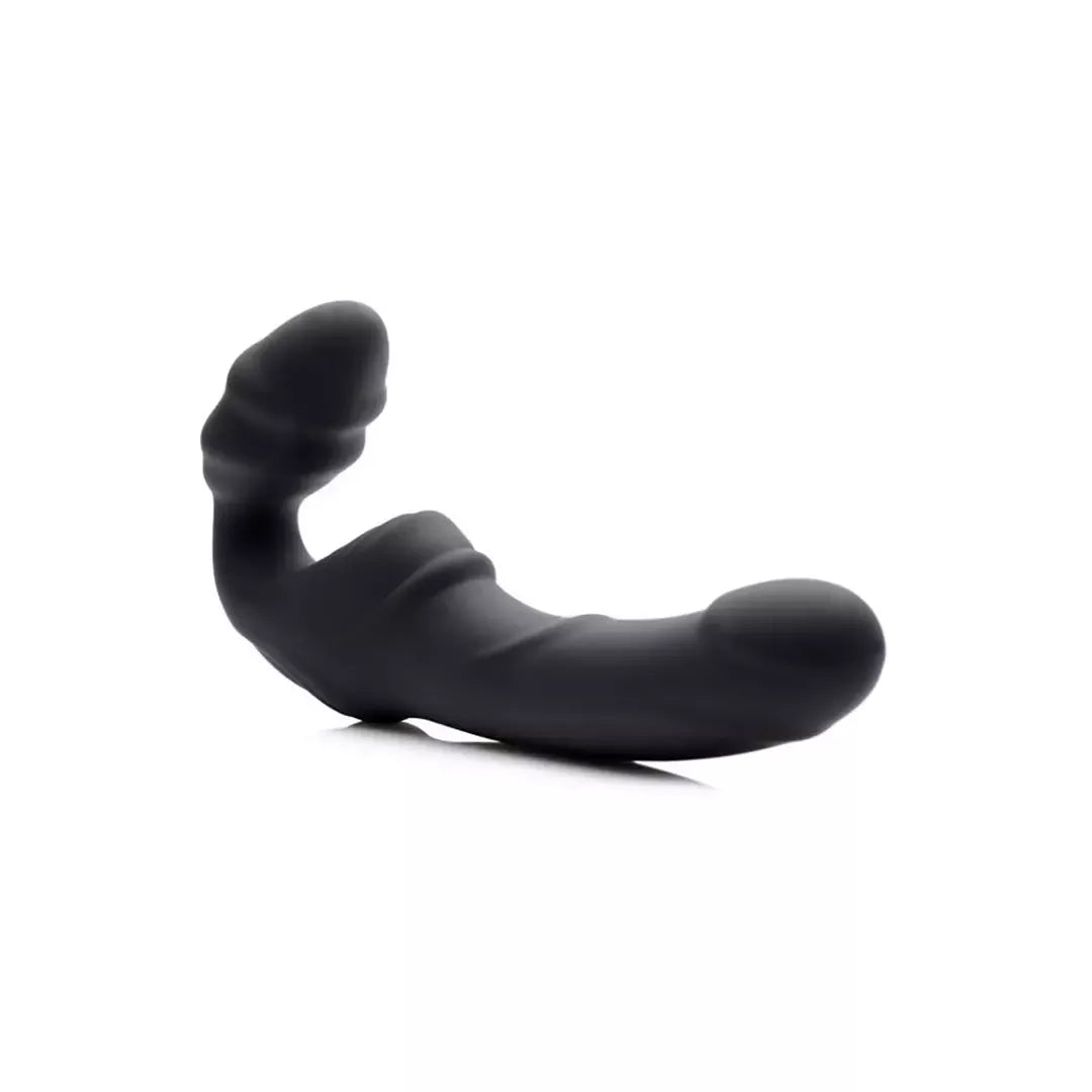 XR Brands Slim Rider Ribbed Wireless Strapless Strap-On, silikoninis, juodas