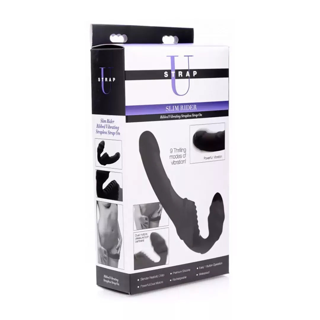 XR Brands Slim Rider Ribbed Wireless Strapless Strap-On, silikoninis, juodas