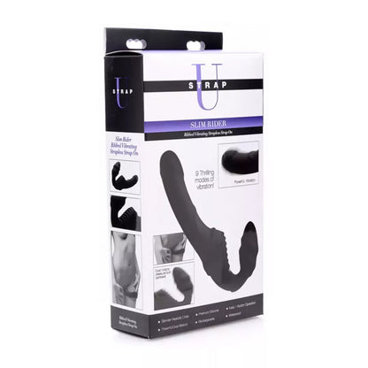 XR Brands Slim Rider Ribbed Wireless Strapless Strap-On, silikoninis, juodas