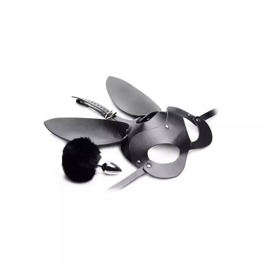 XR Brands Tailz Bunny Tail Plug & Mask Set – juodas, veganiškas rinkinys