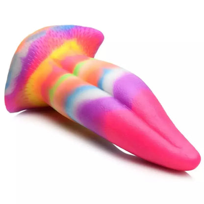 XR Brands Unicorn Tongue silikoninis švytintis vaivorykštinis 18 cm intymus prietaisas