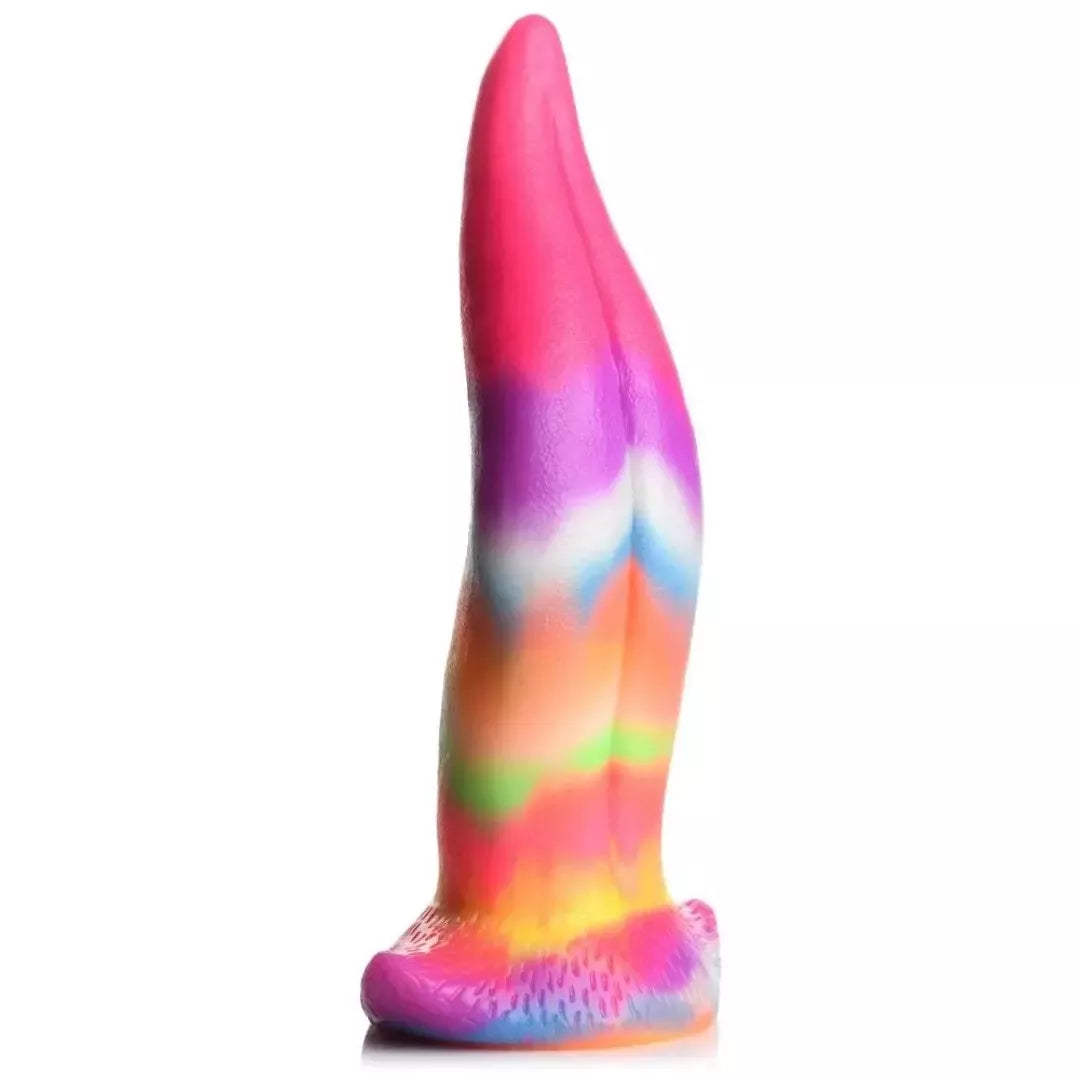 XR Brands Unicorn Tongue silikoninis švytintis vaivorykštinis 18 cm intymus prietaisas