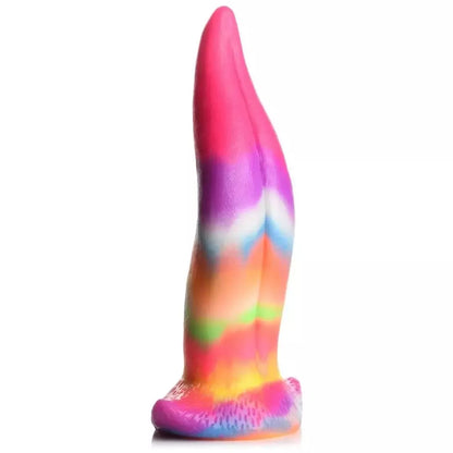 XR Brands Unicorn Tongue silikoninis švytintis vaivorykštinis 18 cm intymus prietaisas