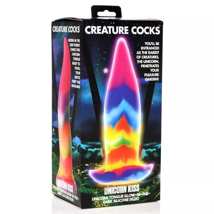 XR Brands Unicorn Tongue silikoninis švytintis vaivorykštinis 18 cm intymus prietaisas