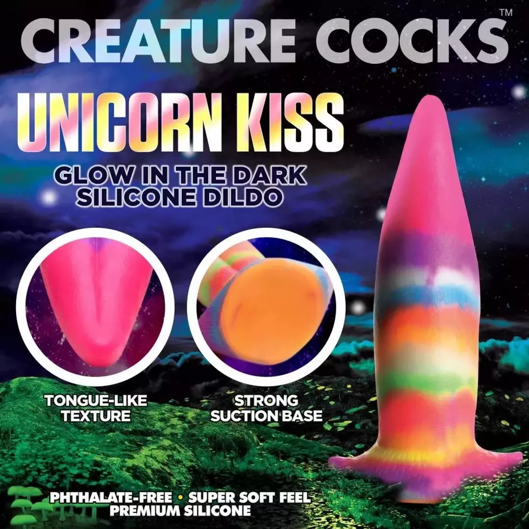 XR Brands Unicorn Tongue silikoninis švytintis vaivorykštinis 18 cm intymus prietaisas