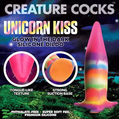 XR Brands Unicorn Tongue silikoninis švytintis vaivorykštinis 18 cm intymus prietaisas