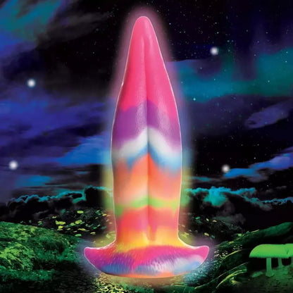 XR Brands Unicorn Tongue silikoninis švytintis vaivorykštinis 18 cm intymus prietaisas