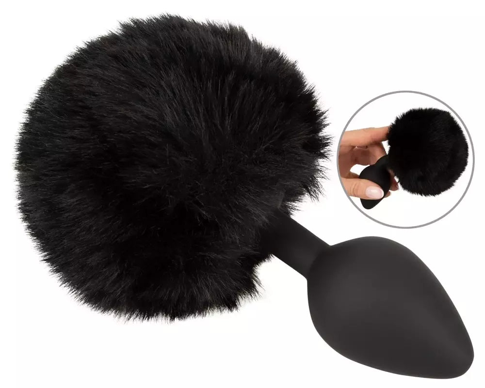 You2Toys Fluffy Tail Black M – silikoninis intymus kūgio formos kaištis su dirbtiniu kailiu