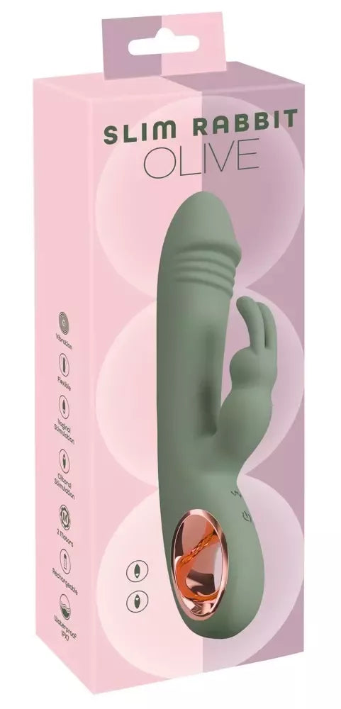 You2Toys Slim Rabbit Olive dvigubas vibratorius, 10 režimų, atsparus vandeniui, silikoninis